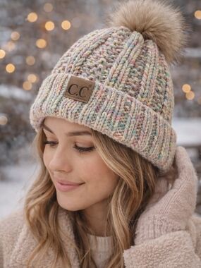 C.C Rainbow Knit Beanie Faux Fur Pom Lined Winter Hat Cozy Pastel Multicolor